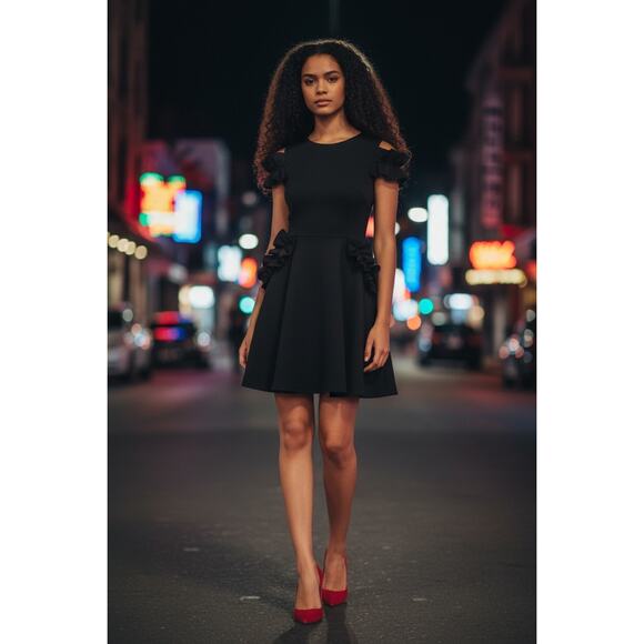 Ted Baker Deneese Black Skater Dress Sz 10 Ruffle Sleeves Pockets Rose Gold Zip - Picture 2 of 16